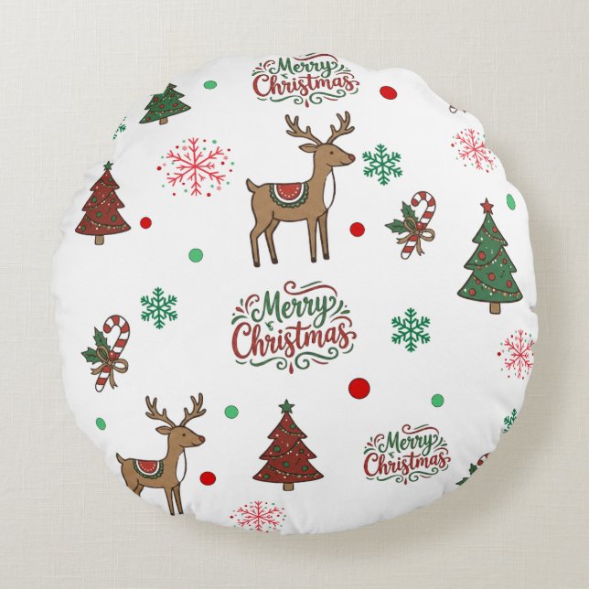 Festive Holiday Cartoon Reindeer Red Green Throw P Rundes Kissen (Vorderseite)