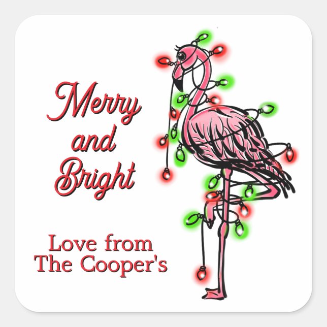 Festive holiday Flamingo  red green Xmas lights Quadratischer Aufkleber (Vorderseite)
