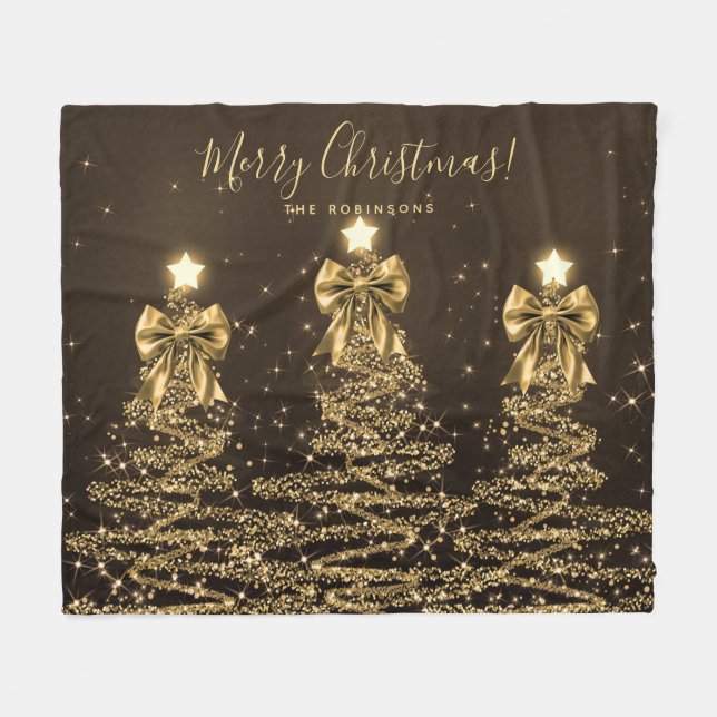 Festive Holiday Gold Christmas Trees w/ Bows Fleecedecke (Vorderseite (Horizontal))