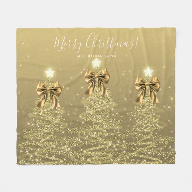 Festive Holiday Gold Christmas Trees w/ Bows Fleecedecke (Vorderseite (Horizontal))