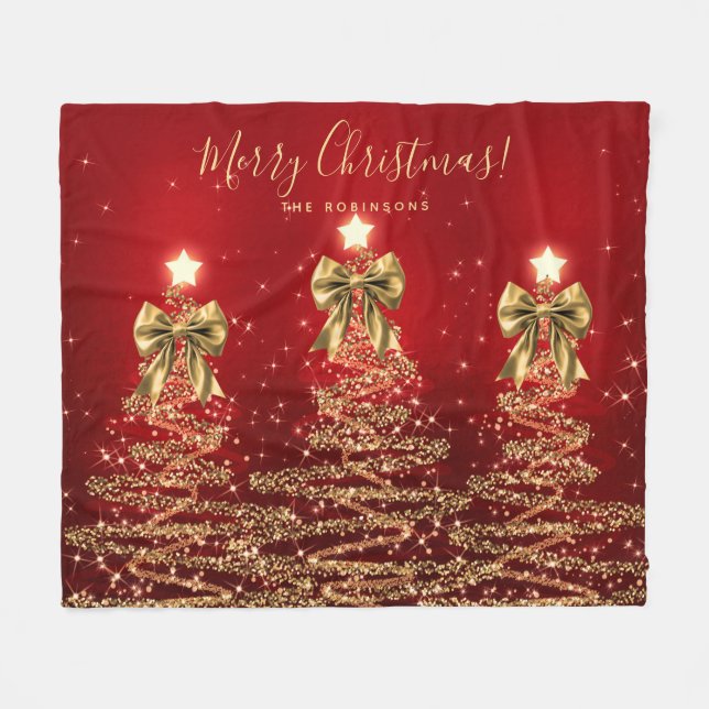 Festive Holiday Gold Red Christmas Trees w/ Bows Fleecedecke (Vorderseite (Horizontal))