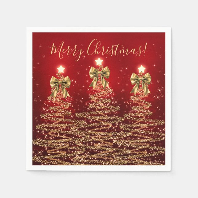 Festive Holiday Gold Red Christmas Trees w/ Bows Serviette (Vorderseite)