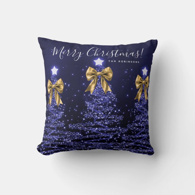 Festive Holiday Navy Christmas Trees Name Gold  Kissen (Vorderseite)