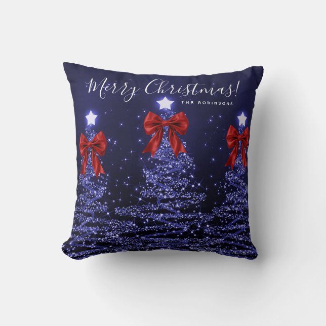 Festive Holiday Navy Christmas Trees Name Red  Kissen (Vorderseite)