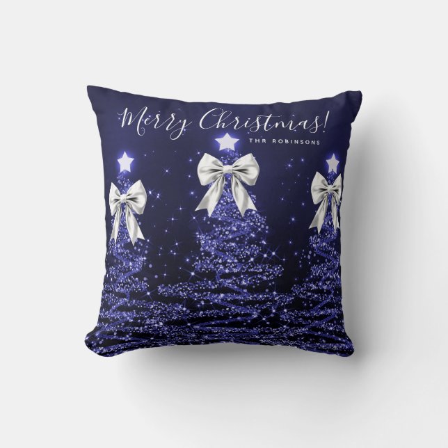 Festive Holiday Navy Christmas Trees Name Silver Kissen (Vorderseite)
