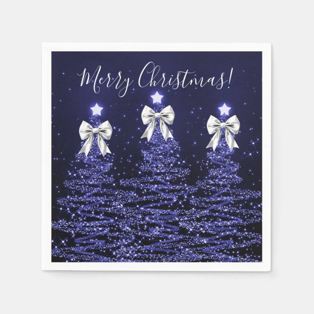 Festive Holiday Navy Christmas Trees Silver Bows Serviette (Vorderseite)