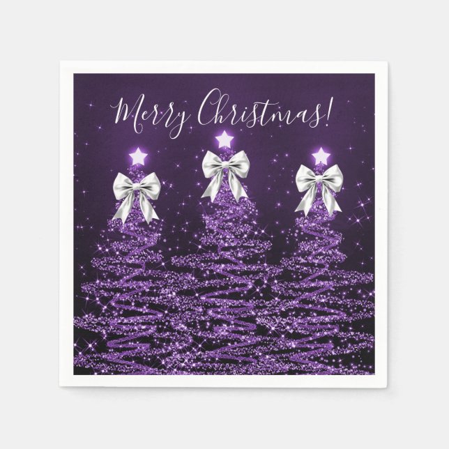 Festive Holiday Purple Christmas Trees Silver Bows Serviette (Vorderseite)