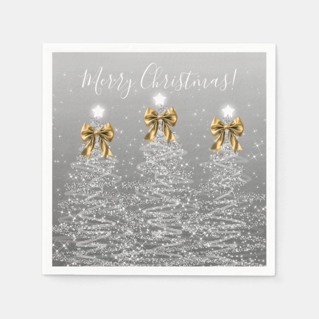 Festive Holiday Silver Christmas Trees Gold Bows Serviette (Vorderseite)