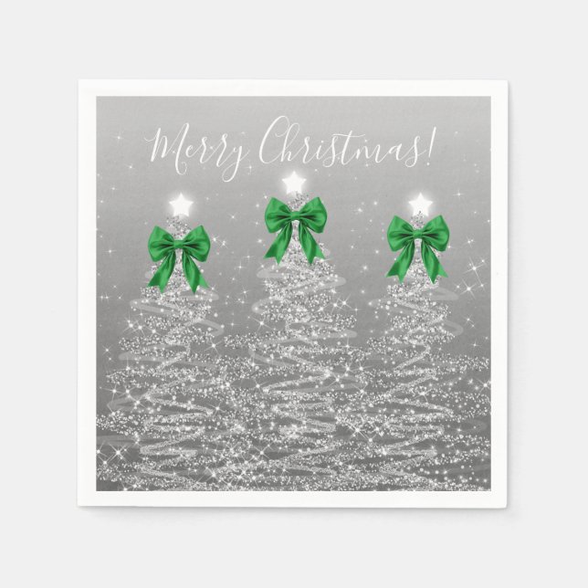 Festive Holiday Silver Christmas Trees Green Bows Serviette (Vorderseite)