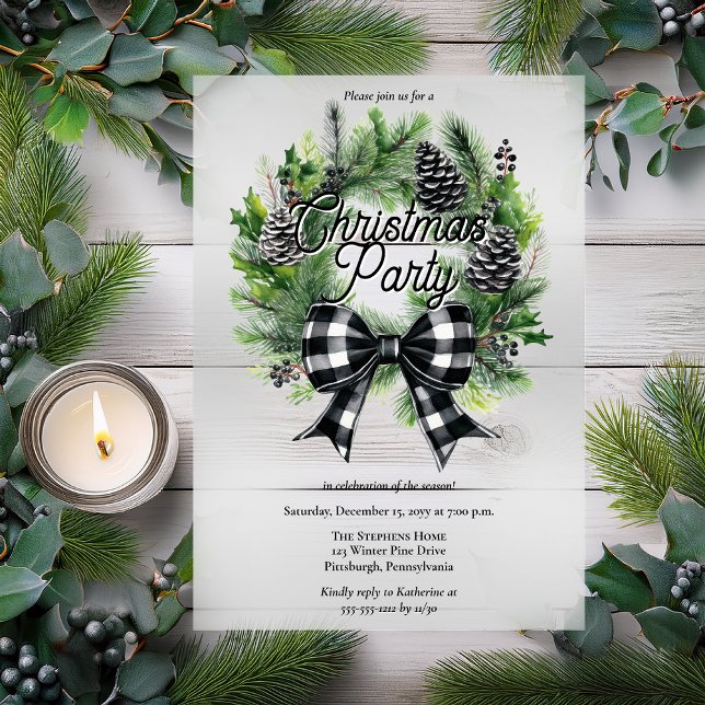 Festive Holiday Wreath BW Bow Christmas Party  Acryleinladungen (Festive Christmas Holiday Wreath with BW Coquette Check Bow "Christmas Party" Acrylic Invitation)
