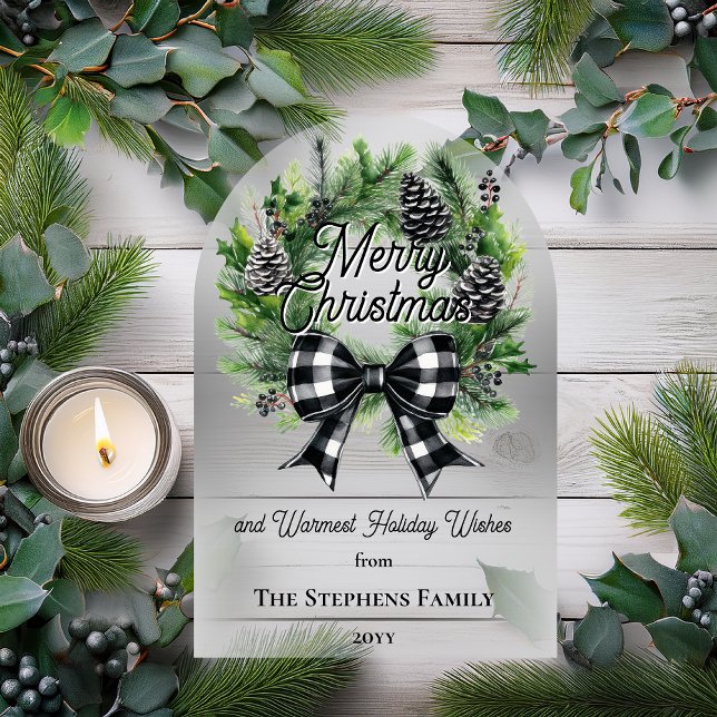 Festive Holiday Wreath Merry Christmas Non-Photo Acryleinladungen (Festive Holiday Wreath with Black | White Check Coquette Bow "Merry Christmas" Acrylic Card)