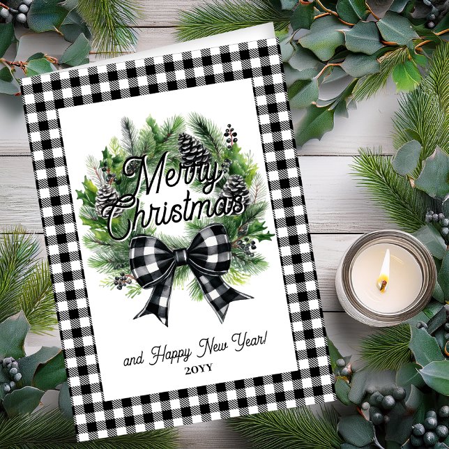 Festive Holiday Wreath Merry Christmas Non-Photo Karte (Festive Holiday Wreath with Black | White Check Coquette Bow "Merry Christmas" Holiday Folded Card)