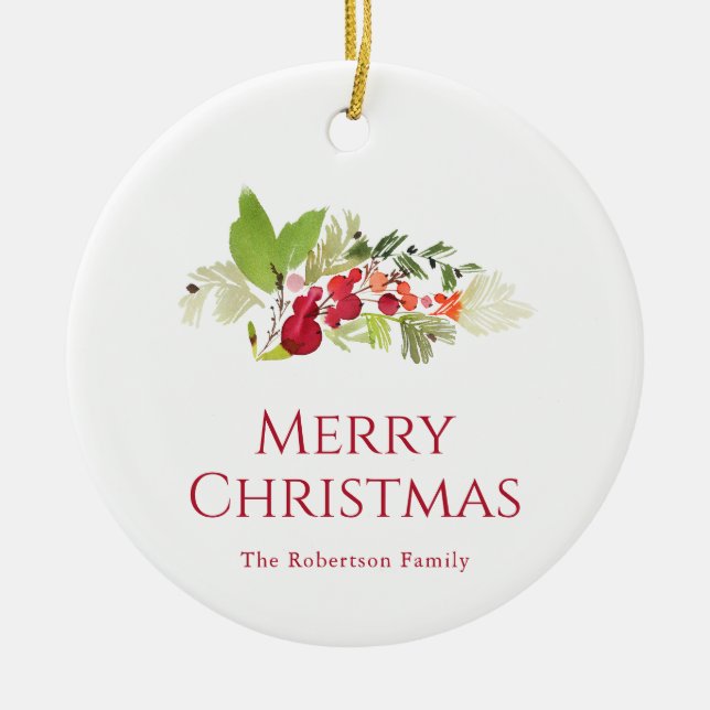Festive Holly Berry and Evergreen Watercolor Keramik Ornament (Vorne)