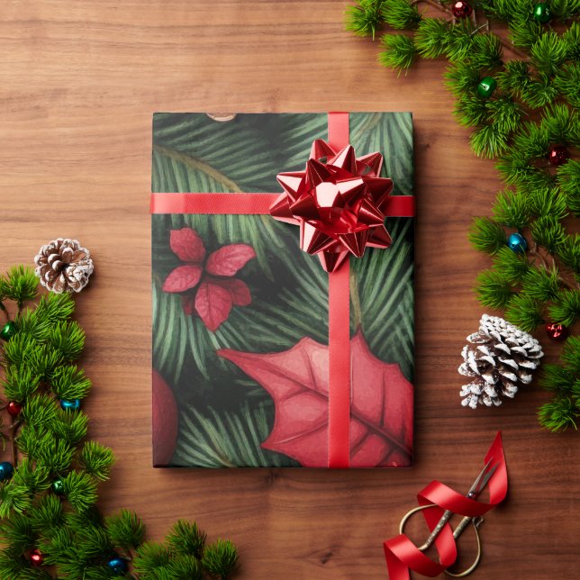Festive Holly & Pine Christmas Wrapping Paper Geschenkpapier (Feiertagsgeschenk)