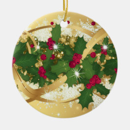 Festive Holly Ribbon — Elegant Christmas Design Keramik Ornament