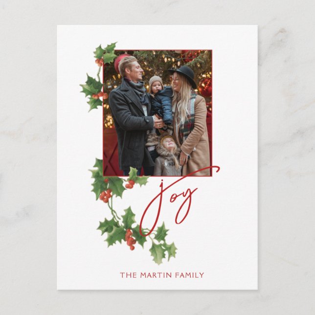 Festive Joy Calligraphy Script, Holly & Foto Postkarte (Vorderseite)