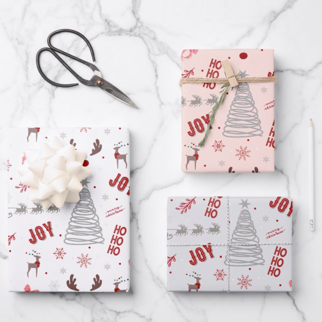 Festive Joy Christmas – Santa, Reindeer & Ho Ho Ho Geschenkpapier Set (Vorderseite)