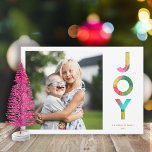 Festive JOY Colorful Paper Christmas Trees Photo Feiertagskarte<br><div class="desc">This fun, bright Christmas holiday photo card features colorful typography reading, "JOY." It's designed with a tissue paper look, and the back contains a matching tissue paper Christmas trees design. The tissue paper is overlapped and has a decoupage look. This playful card evokes a sense of laughter, love, and childhood...</div>