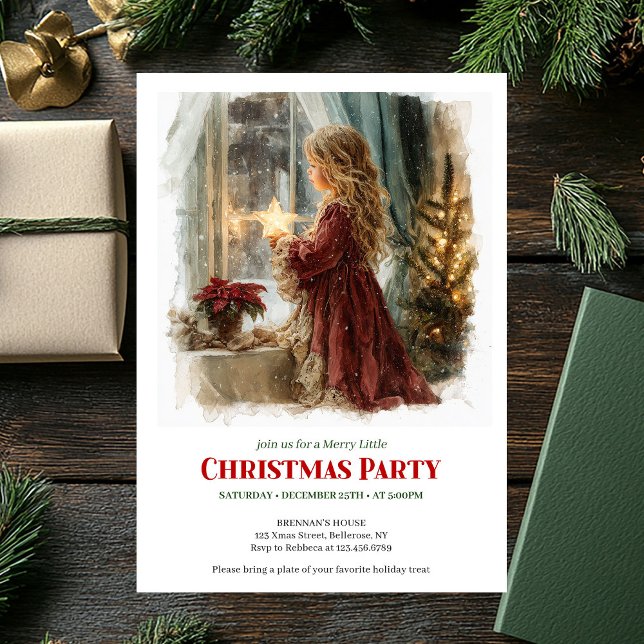 Festive little girl holding shining star printable einladung (Festive little girl holding shining star printable invitation

)