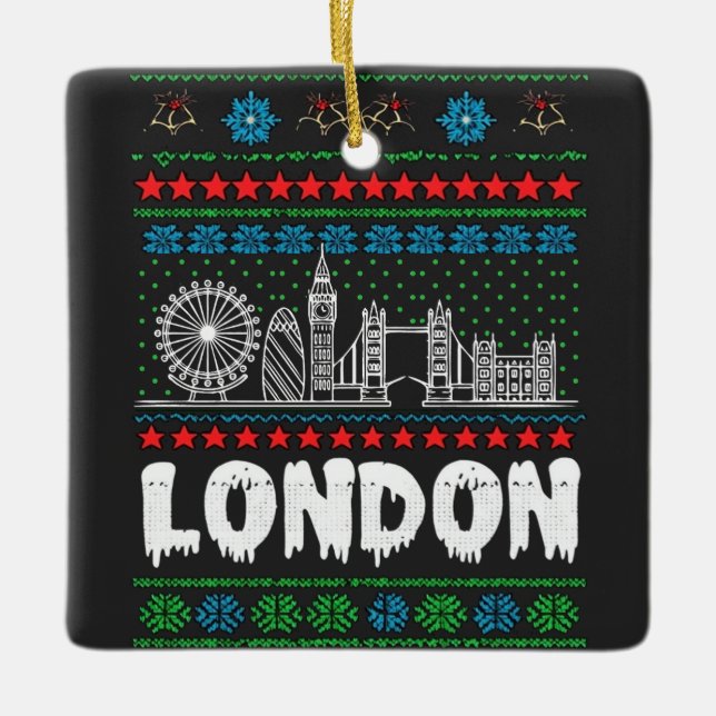 Festive London Vereinigtes Königreich Ugly Christm Keramikornament (Vorderseite)