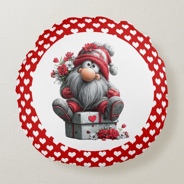 Festive Love Messenger Gnome "Heart and Presents"  Rundes Kissen (Vorderseite)