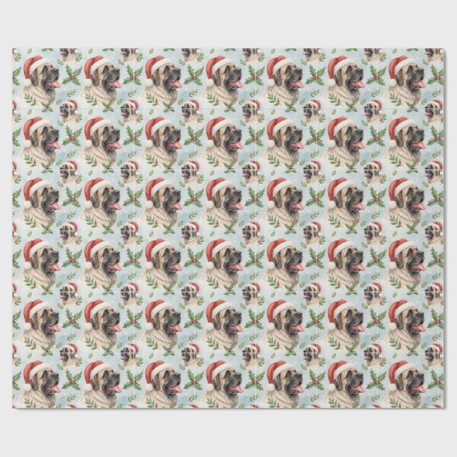 Festive Mastiff Christmas Holly Watercolor Wrap Geschenkpapier (Flach)