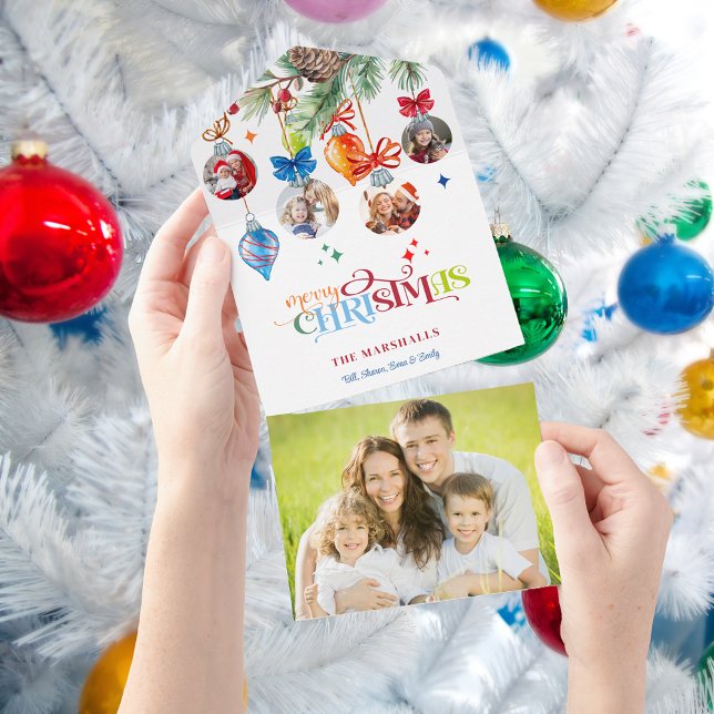 Festive Merry Christmas Pine & Baubles 4 Photo All In One Einladung (Von Creator hochgeladen)