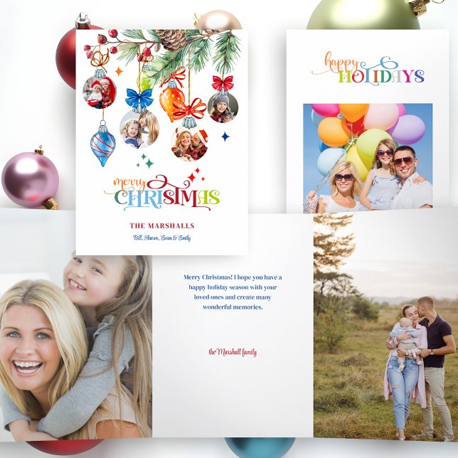 Festive Merry Christmas Pine & Baubles 4 Photo Dreifach Gefaltete Karte (Von Creator hochgeladen)