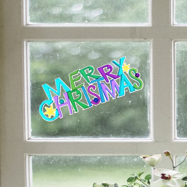 Festive Merry Christmas Text Colourful Letters Fensteraufkleber (Festive Merry Christmas text colourful letters gold stars on window cling decoration.)