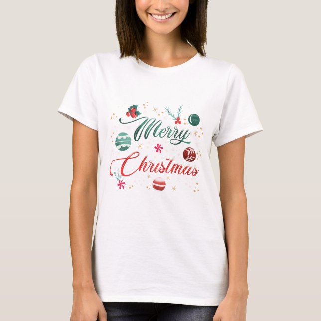 Festive Merry Christmas Typography with Ornaments T-Shirt (Vorderseite)