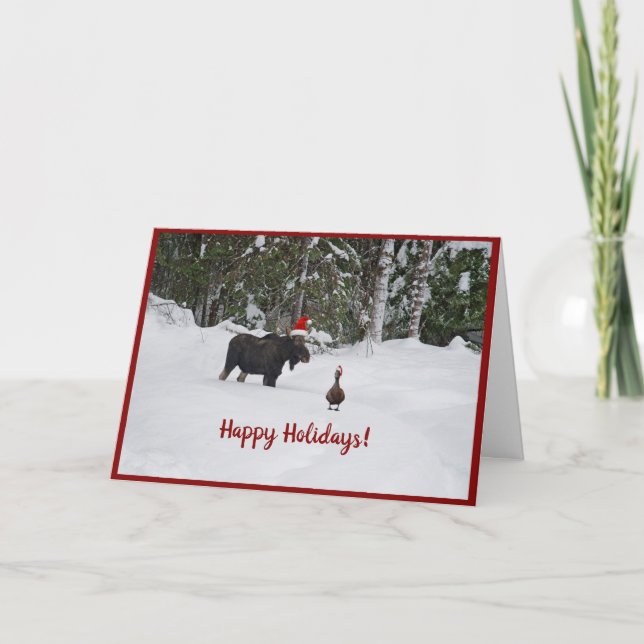 Festive Moose in snow with duck holiday card Dankeskarte (Vorderseite)