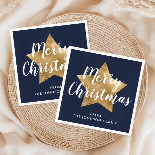 Festive Navy Blue Gold Star Frohe Weihnachten Serviette (Festive Navy Blue Gold Star Merry Christmas Napkins)