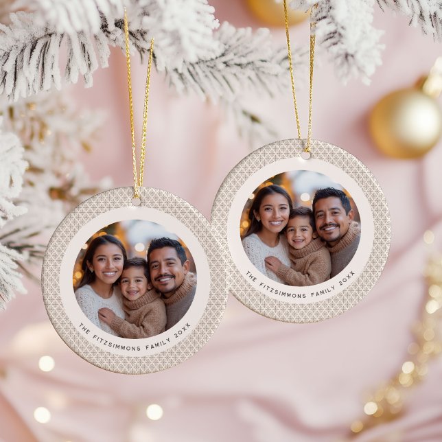 Festive Neutral Scandi Snowflake 2 Sided Photo Keramik Ornament (Neutral Snowflake Modern Double Sided Christmas Ornament brown)