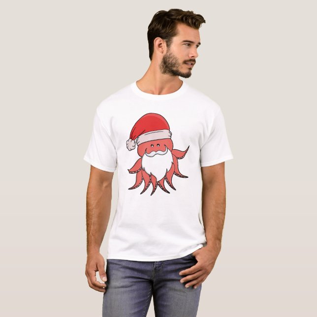 Festive Octopus Santa Design T-Shirt (Vorne ganz)