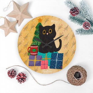Festive Orange Frohe Weihnachten Schwarze Katze Ka Große Wanduhr