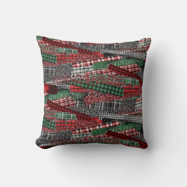 Festive Patchwork Plaid & Glitter Holiday Accent Kissen (Vorderseite)