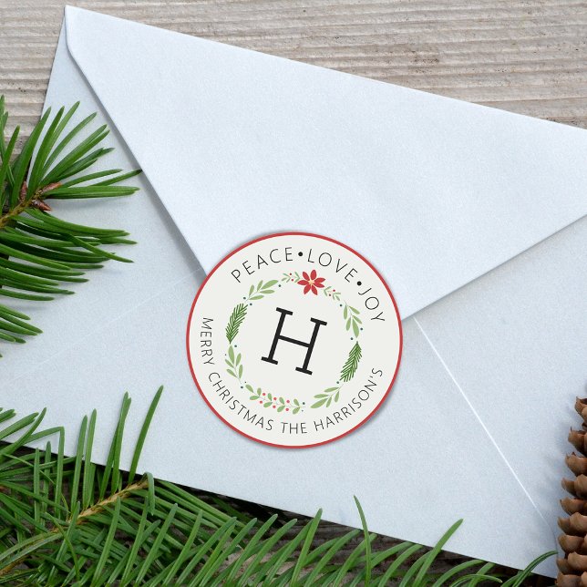 Festive Peace Liebe Joy Monogram Runder Aufkleber (Festive Peace Love Joy Monogram Classic Round Sticker)