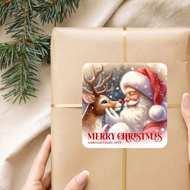 Festive Personalized Santa and Rudolph Christmas  Quadratischer Aufkleber (Festive Personalized Santa and Rudolph Christmas Sticker)