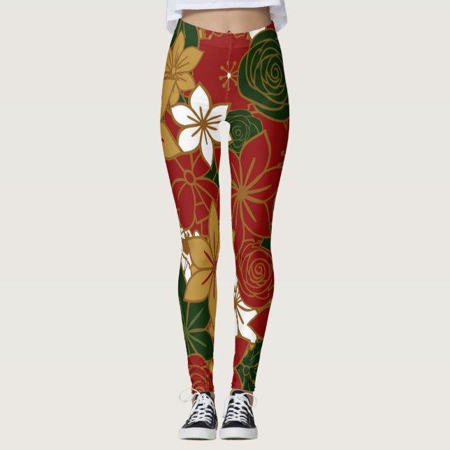 Festive Poinsettia Christmas Floral Leggings (Vorderseite)