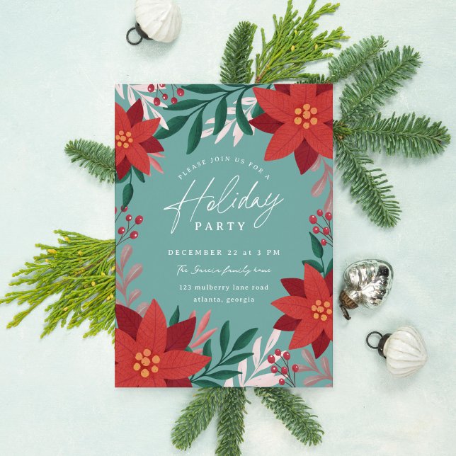 Festive Poinsettia Flowers Holiday Party Einladung (teal holiday party invitation with elegant poinsettias and botanicals)