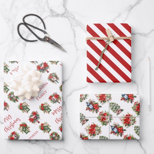 Festive Poinsettia Watercolor Christmas Holiday  Geschenkpapier Set (Vorderseite)
