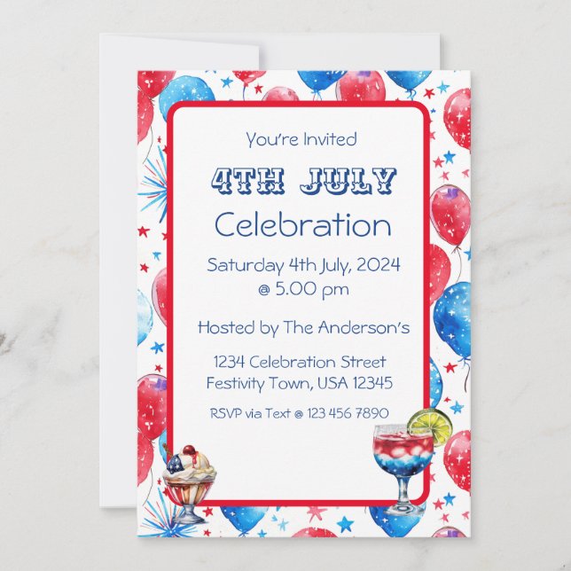 Festive Red Blue Balloons 4th July Invitation Card Einladung (Vorderseite)