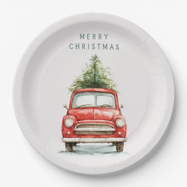 Festive Red Car with Christmas Tree Paper Plates Pappteller (Vorderseite)