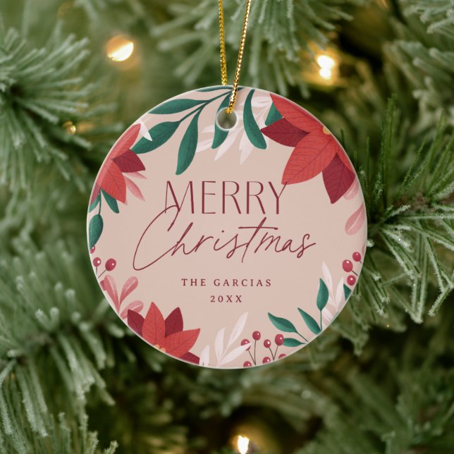 Festive Red Flowers Merry Christmas Gift Keramik Ornament