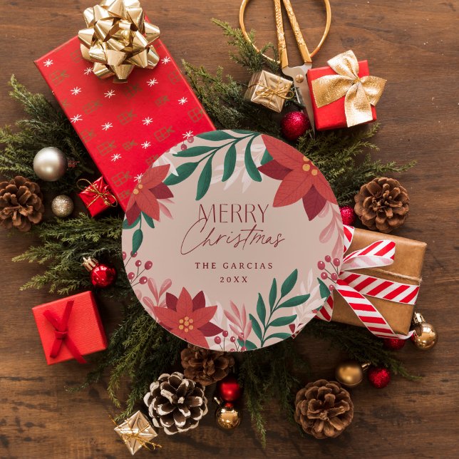 Festive Red Flowers Merry Christmas Gift  Runder Aufkleber (Round Christmas gift sticker with poinsettias and botanicals)