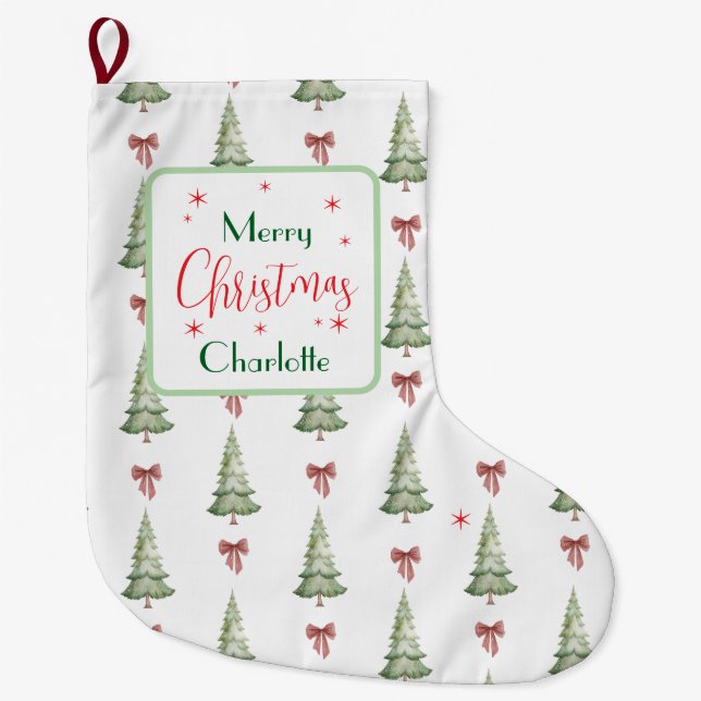 Festive Red Green Merry Christmas Name Stocking Großer Weihnachtsstrumpf (Vorderseite)