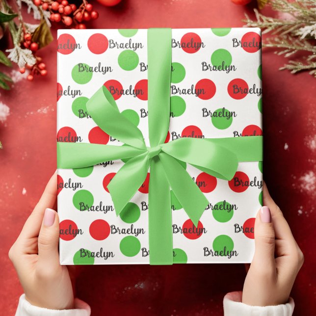 Festive Red Green Polka Dot Text Design Geschenkpapier (Red and Green Circle Personalized Name Wrapping Paper)