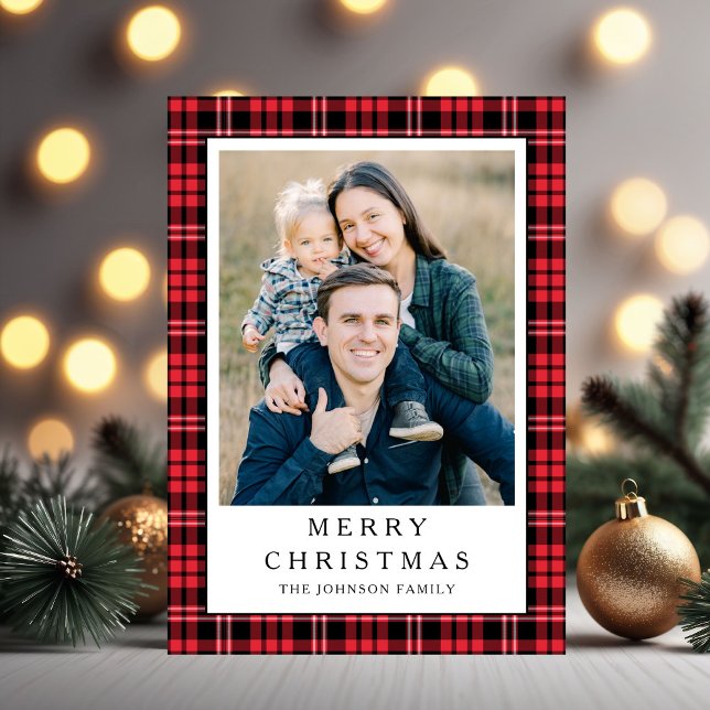 Festive Red Plaid Photo Christmas Feiertagskarte (Festive Red Plaid Photo Christmas Holiday Card)