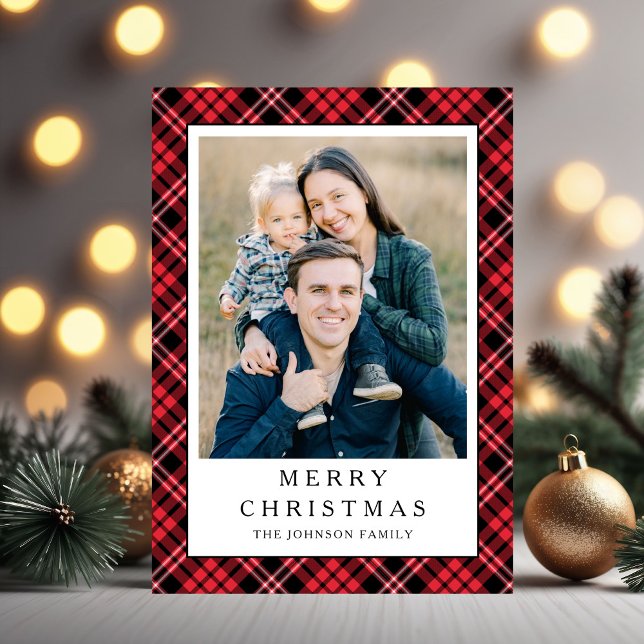 Festive Red Plaid Photo Christmas Feiertagskarte (Festive Red Plaid Photo Christmas Holiday Card)