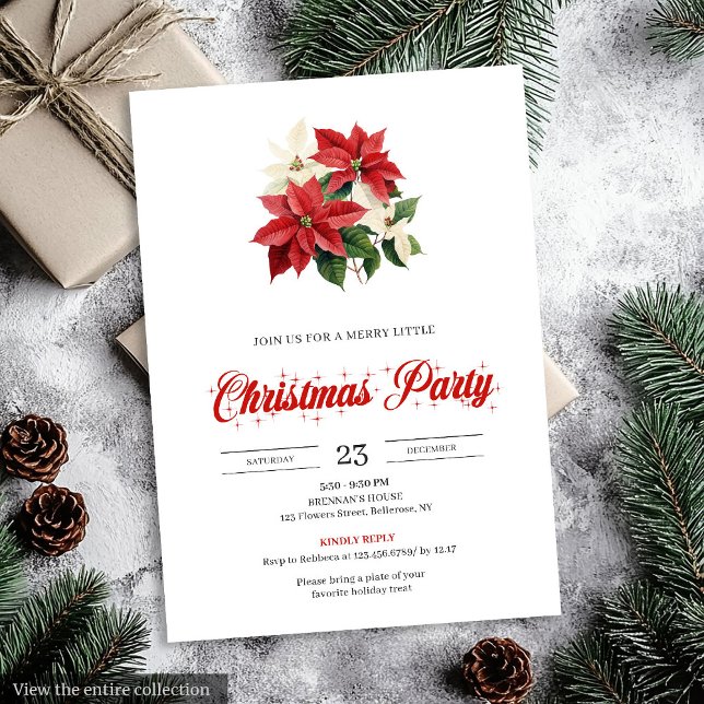 Festive Red Poinsettia Floral Script Font Xmas Einladung (Festive Red Poinsettia Floral Script Font Christmas Invitation)